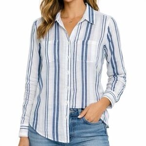 EUC Lucky Brand Blue White Stripe Gauze Boyfriend Shirt Coastal Casual XS